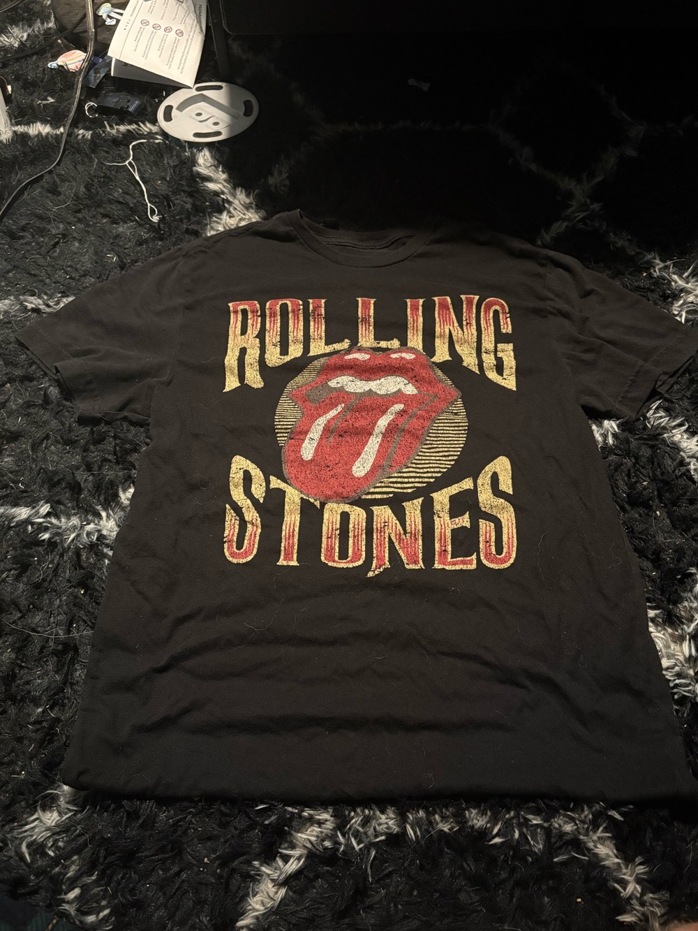 the Rolling Stones Black Tee with Red and Yellow Graphic